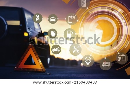 Broken car with red emergency stop sign on country road.Abstract car accident futuristic user interface.Help needed,Car service,Travel and Transportation concept background.