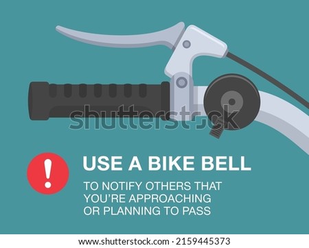 Safe bicycle riding rules and tips. Use a bike bell to notify others that you are approaching or planning to pass. Close-up view of bicycle bell on handlebar. Flat vector illustration template.