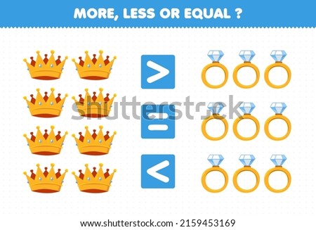 Education game for children more less or equal count the amount of cartoon wearable jewelry crown and ring