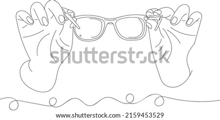Spectacles logo, Sketch drawing of two hand holding Eyeglasses, line art illustration vector silhouette of hand holding goggles