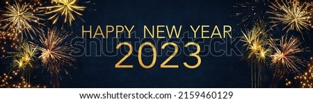 Silvester 2023 Happy New Year, New Year's Eve Party background banner panorama long greeting card - Golden firework fireworks on dark blue night sky texture