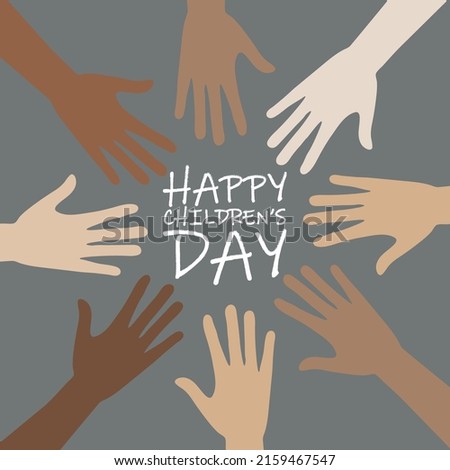 Happy Children's Day. Multiracial hands of children on the background of asphalt with chalk drawing. Vector illustration.