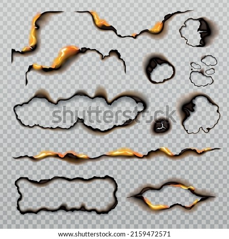 Burnt paper realistic set with transparent background and isolated images of burning border shapes with fire vector illustration Royalty-Free Stock Photo #2159472571