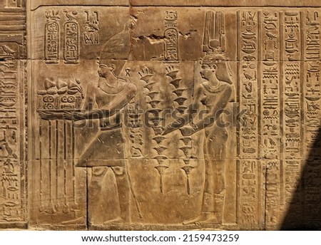 Hieroglyphic carvings on the exterior walls of an ancient egyptian temple Royalty-Free Stock Photo #2159473259