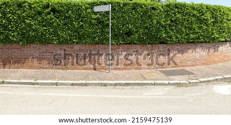 Pole with blank street name on a sidewalk. House fencing made of brick wall and hedge on background, asphalt road in front. Background for copy space 
