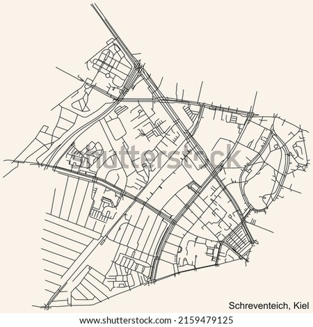 Detailed navigation black lines urban street roads map of the SCHREVENTEICH DISTRICT of the German regional capital city of Kiel, Germany on vintage beige background