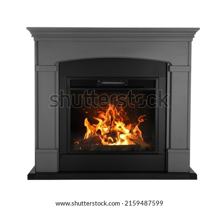 Decorative electrical fireplace isolated on white. Interior element Royalty-Free Stock Photo #2159487599