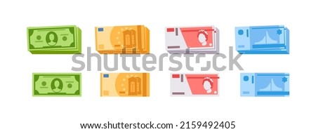 Set of Money Banknotes Top View. Isolated Dollar, Euro, Pound Sterling and Ruble Currency Bills Piles and Stacks. Win, Savings, Investment on White Background. Cartoon Vector Illustration, Icons