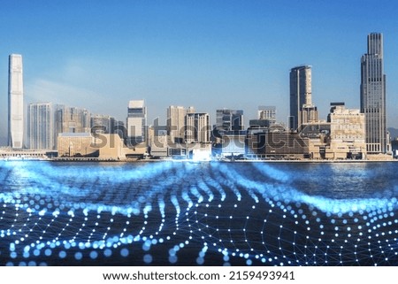 Modern city background with abstract polygonal wave waterfront mesh and daylight. Double exposure