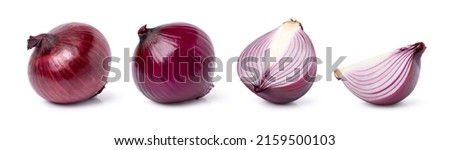 Whole and half sliced of red onion isolated on white background. Royalty-Free Stock Photo #2159500103