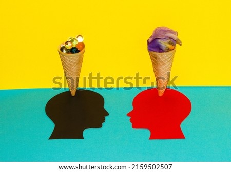 black and red paper head with brain of ice cream zone, ice cream of 3d ball and petals, heads are watching, creative summer concept, love design, vocation mood, blue-yellow background