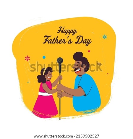 Happy Father's Day Concept, Cheerful Man With His Daughter Holding Microphone Stick On Yellow And White Background.