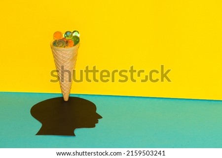 black head with ice cream brain, creative summer design, we think about summer, vacation, refreshment, 3d ball ice cream head on the blue-yellow