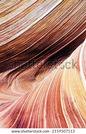 The Wave is an awesome vivid swirling petrified dune sandstone formation in Coyote Buttes North. It could be seen in Paria Canyon-Vermilion Cliffs Wilderness, Utah. USA Royalty-Free Stock Photo #2159507113