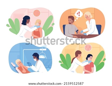Patients at appointment with doctor 2D vector isolated illustrations set. Medical flat characters on cartoon background. Healthcare service colourful scene for mobile, website, presentation pack