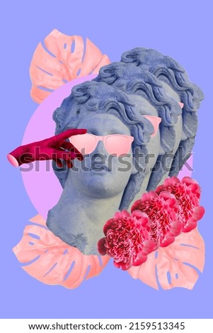 Collage art of classic statue with pink sunglasses, flowers and hand. Vaporwave style background. Sculpture in neon blue colors.