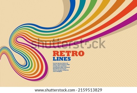 Linear vector abstract background in all colors of rainbow, retro style lines in 3D dimensional perspective, vintage poster art. Royalty-Free Stock Photo #2159513829