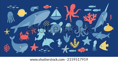 Cute cartoon undersea world. Deep Ocean or sea with fish, octopus, crab, submarines, whales, narwhals, seashells, shark, stars, ship, aquatic plants. Vector illustration Royalty-Free Stock Photo #2159517919