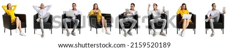 Set of young woman and man resting in black armchair on white background Royalty-Free Stock Photo #2159520189