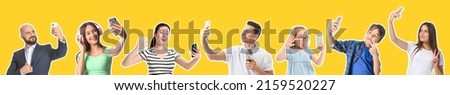 Set of many people taking selfie on yellow background