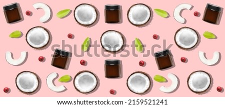 Cosmetic cream, berries, leaves and coconuts on pink background. Pattern for design