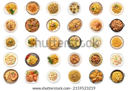 Set of tasty pilaf on white background, top view Royalty-Free Stock Photo #2159523219