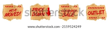 Collection of ripped pieces of paper on white background. Shopping price down outlet.