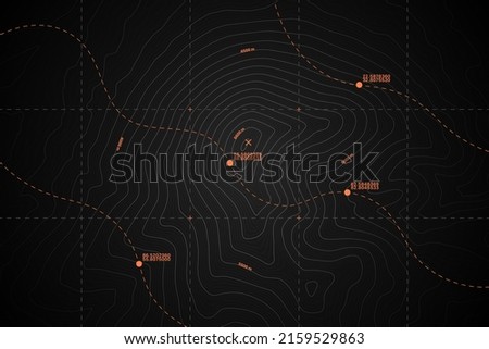 Vector Modern Dark Grey Topography Contour Map With Relief Elevation. Geographic Terrain Area Satellite View Digital Cartographic UI. Mountains Hiking Route Coordinates Abstract Illustration Royalty-Free Stock Photo #2159529863