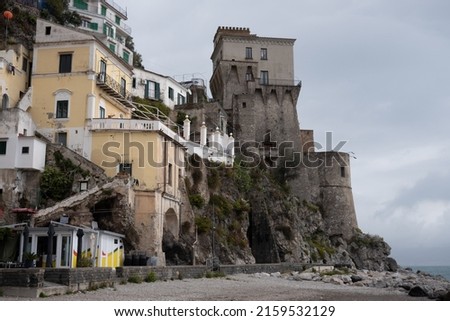 Old fortification and typical Amalfi coast buildings in Cetara 