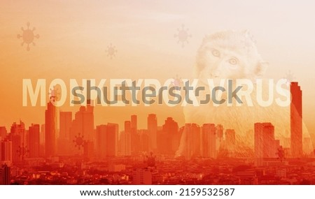 Monkeypox outbreak concept.  Monkeypox outbreak prevention, management, and control of the city concept. Cityscape, monkey, and monkey pox virus background. Royalty-Free Stock Photo #2159532587
