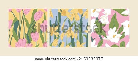 Vector illustration with narcissus, bindweed and bluebell flowers. Floral wreath. Seamless pattern. Flowers background for cosmetics packaging