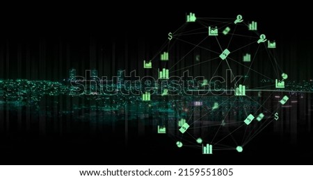 Image of light spot and business icons over cityscape. global business, finances, connections and digital interface concept digitally generated image.