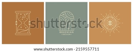 Boho logos. Line symbols for magic, esoteric,  psychology, alternative therapy, spiritual, celestial, and others themes. Vector isolated bohemian emblems. Trendy design elements with sun and hourglass Royalty-Free Stock Photo #2159557711