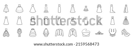 Wedding dress doodle illustration including icons - elegant evening gown, groom suit, marriage atelier, plus size fur coat, jacket, crinoline. Thin line art about bridal clothes. Editable Stroke Royalty-Free Stock Photo #2159568473