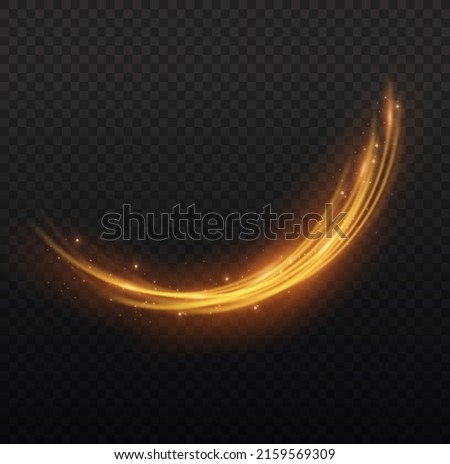 Golden glowing shiny lines effect vector background. Luminous white lines of speed. Light glowing effect. Abstract motion lines. Light trail wave, fire path trace line, car lights, optic fiber and inc Royalty-Free Stock Photo #2159569309
