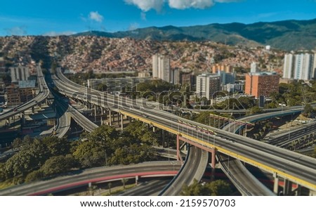 CARACAS, VENEZUELA - MAY 2022 - Aerial panoramic view of the La Arana distributor, Panoramic View of Francisco Fajardo highway in Caracas, Venezuela. 