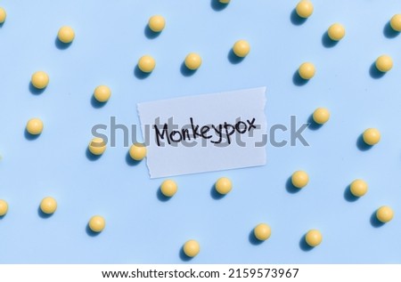 Monkeypox is written on a blue background surrounded by yellow balloons. Disease treatment. Vitamins. Above.