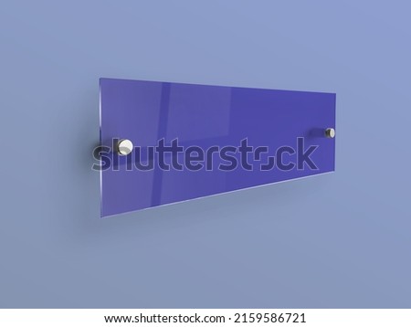 Wide rectangle blue glass nameplate plate on spacer metal holders. Clear printing board for branding. Acrilic advertising signboard on blue background mock-up side view. proportional 1 to 3.