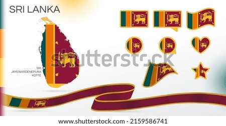 Sri Lanka flags set. Various designs. Map and capital city. World flags. Vector set. Circle icon. Template for independence day. Collection of national symbols. Ribbon with colors of the flag.