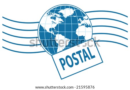world postage stamp center in blue