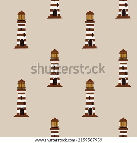 Seamless pattern with a red and white lighthouse on a beige background