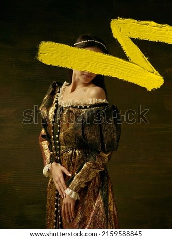 Tender. Creative artwork. Portrait of girl in image of medieval princess or countess with yellow stroke of watercolor paint over dark background. Contemporary art, eras comparison. Design for picture