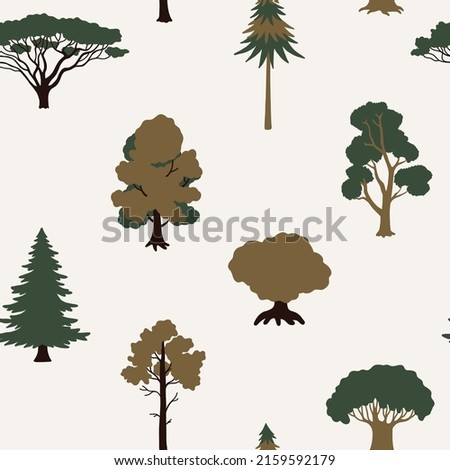 Seamless pattern with different types of trees on a white background
