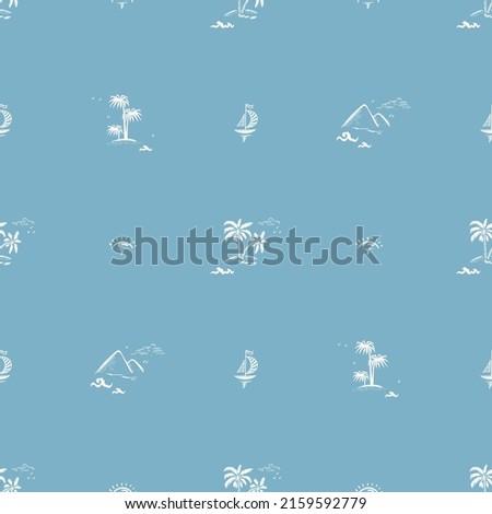 Vacation Theme. Summer Seascape Seamless Blue White Pattern. Palm trees, Islands, Sea waves, Sailboats, Tropical Plants and Sunny Dawn. Vector illustration.