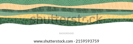 Abstract farm field collage background. Agro land backdrop, farmland landscape vector illustration with texture. Oriental decorative banner, eco design, green rural panorama, ecology art header Royalty-Free Stock Photo #2159593759