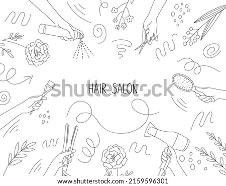 Frame of hairdressing tools in hands of stylist. Hair salon accessories, hair dryer, comb, scissors and doodle. Template for design, information, business card Royalty-Free Stock Photo #2159596301