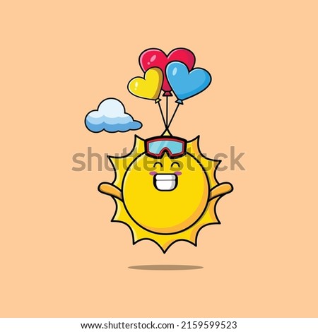 Cute cartoon Sun mascot is skydiving with balloon and happy gesture cute modern style design