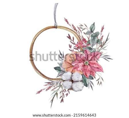 Watercolor eucalyptus wreath frame clipart, winter cotton flower bouquet wreath illustration isolated on white background. Floral clipart for wedding invitation, sublimation, greeting cards