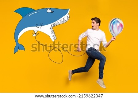 Creative cartoon sketch of huge shark fly air chase frightened man with air balloon isolated yellow color background