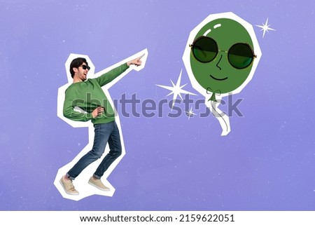 Creative artwork template of crazy man dance energetic with painted air balloon fellow isolated bright color background